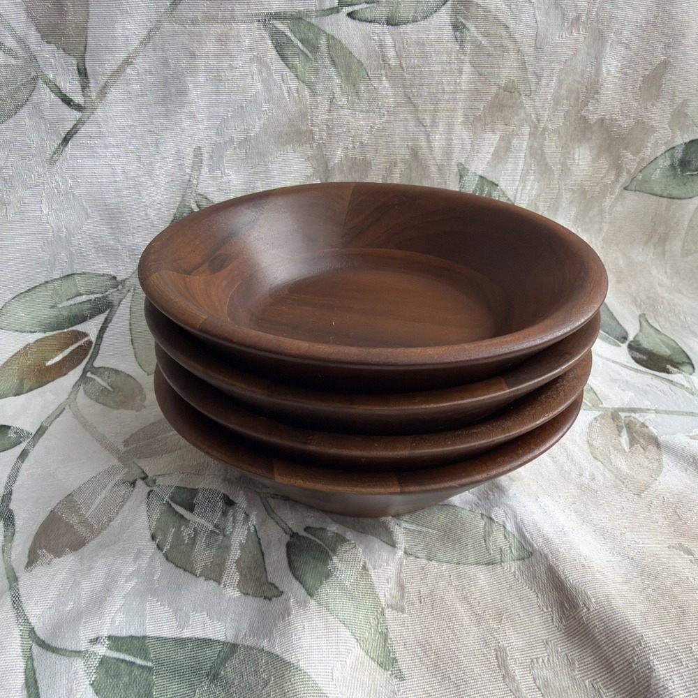 4 Vermillion Real Walnut Wood Bowl Wooden Salad Individual Bowls 6" MCM Mid Cent